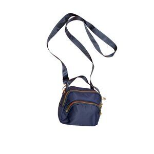 Small Navy Crossbody Bag With Gold Zippers & Adjustable Strap
